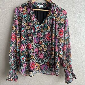 BTFL-life Anthropologie black multicolor long sleeve boho v-neck tie floral top